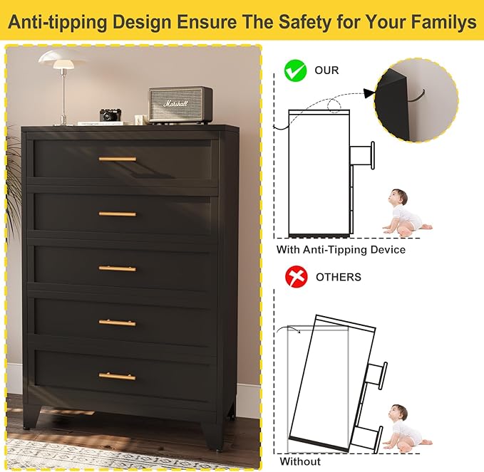 53.54" Tall Metal Dresser for Bedroom, 5 Drawer Black Closet Dressers Chests, Modern Storage Organizer Unit, Large Storage Space Drawer Storage Cabinet for Living Room, Entryway, Hallway