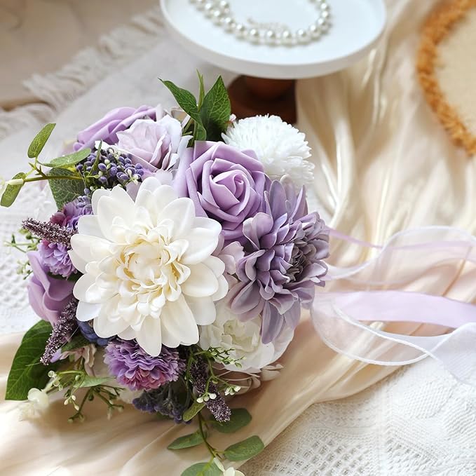 Lavender Purple Wedding Bouquets for Bride Bridesmaid,Lilac Bridal Bouquet Artificial Fake Silk Roses Flowers for Wedding Boho French Vintage Rustic Church Decoration Toss Bouquet (8.6in(M))