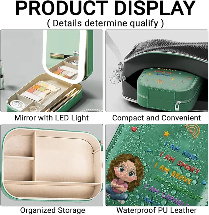 Wrappiness Girls & Women Lovely Makeup Box With LED Mirror - Personalized Jewelry Box Organizer Portable Ideal for Travel, Gift for Daughters Sisters Friends (Kind Smart Loved, Toddler Girls)