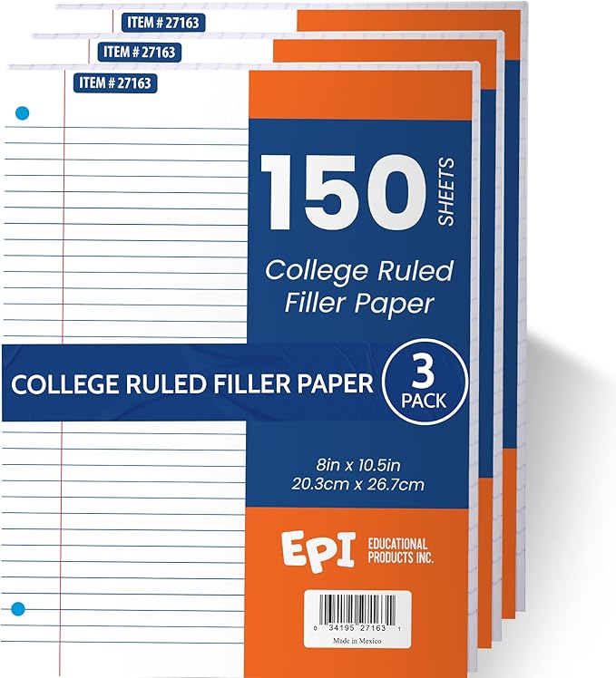 EPI Filler Paper | College Ruled | Loose Leaf, 3-Hole Punched, 10.5 x 8 in, 150 Sheets | School, Office, Notes, Binder Refill - 3 Pack