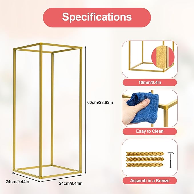 10Pcs Gold Wedding Flower Stands, Metal Column Flower Holder Gold Flower Centerpieces Stands Wedding Metal Centerpieces Rectangular Vase for Wedding Decorations Party Event (10Pcs 23.62in)