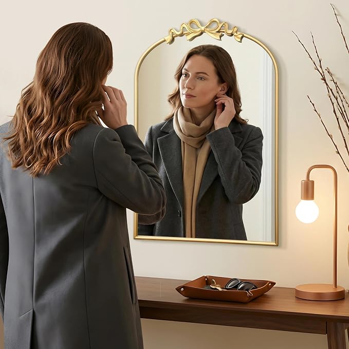 Besdomus Vintage Arched Gold Mirror: 24"x36" Large Gold Antique Bow Wall Vanity Mirror - Baroque Traditional Ornate for Bathroom/Bedroom/Living Room - Wall Decor for Housewife