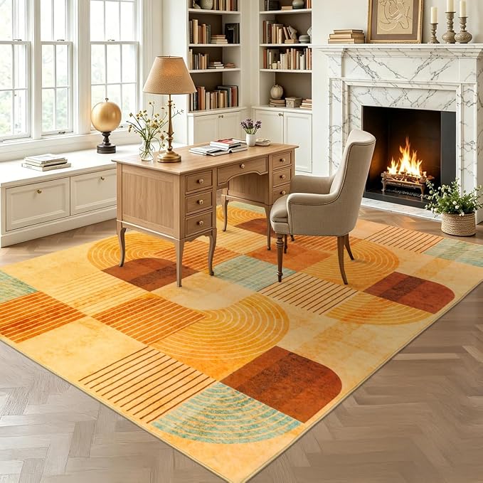 8x10 Area Rugs for Living Room, Soft Modern Abstract Geometric Rug for Bedroom, Washable Non-Slip Indoor Floor Carpet for Dining Room Nursery Home，Multi/Orange