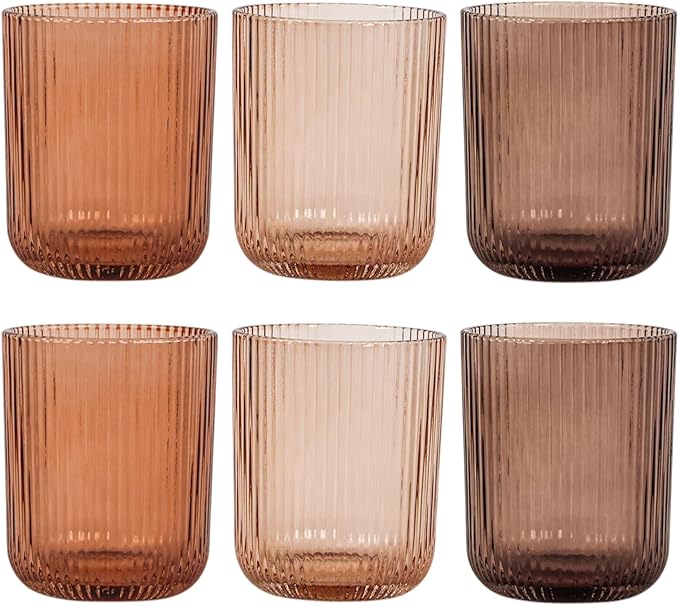 Melanin Ribbed Drinking Glasses Set of 6,8.5oz Colored Vintage Highball Tumblers,Amber Glassware for Juice,Milk,Coffee & Cocktails,Gift for Party,Housewarming,Mother's Day