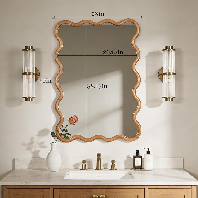 WallBeyond 28"x40" Large Wavy Wood Mirror, Natural Wood Boho Accent Wall Mirror with Solid Wooden Frame, Decorative Wall Mirror for Horizontal or Vertical Hanging in Bathroom or Living Space