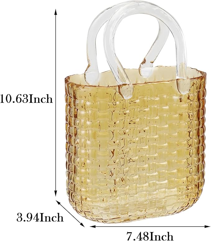 Glass Purse Vasefor Flowers, Purse Flower Vase, Amber Glass Bag Vases, 10 Inch Handbag Shaped Vases for Home, Living Room, Bedroom, Office Decor
