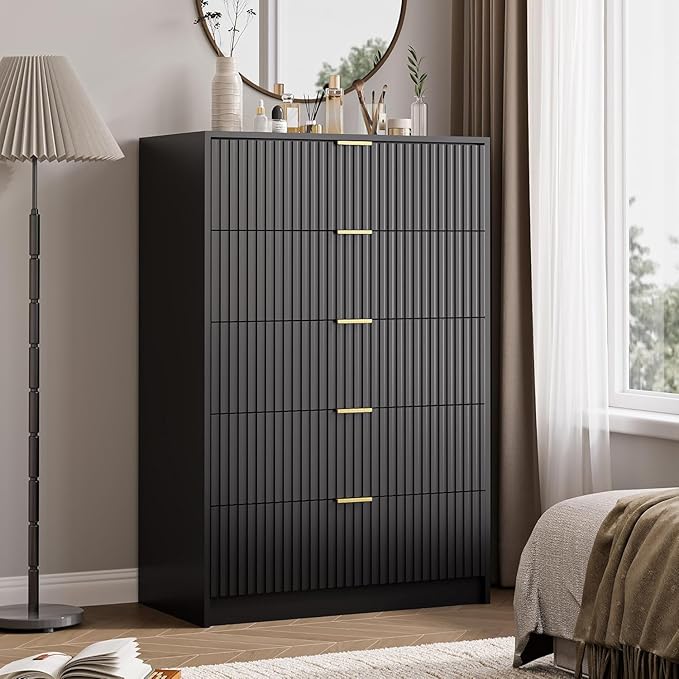 3-Piece Dresser Bedroom Set, 5 Drawer Dresser & 3 Drawer Nightstands with Gold Handles, Fluted Wood Chest of Drawers for Bedroom, Living Room, Entryway, Black