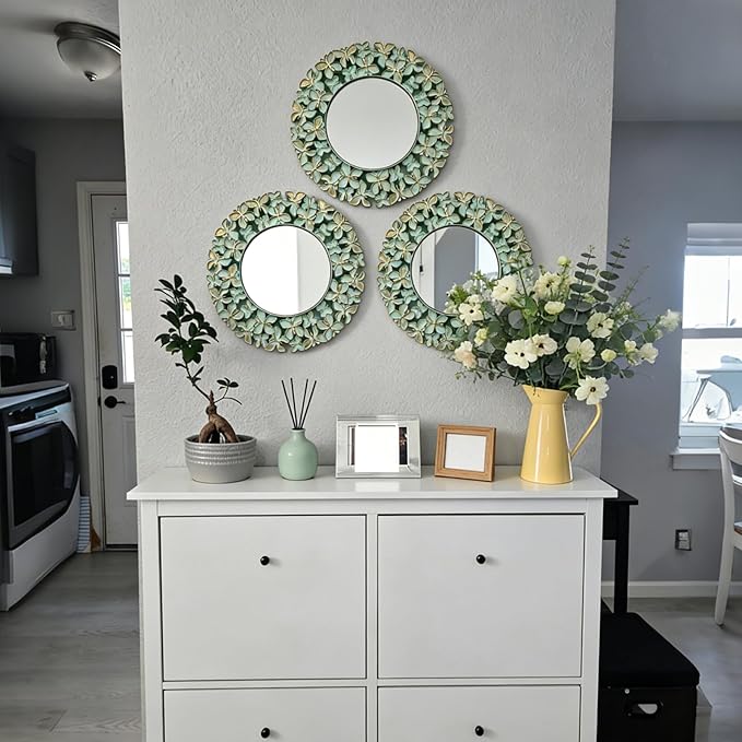 DXYAKY 3 Pack Floral Ornate Decorative Wall Mirror - Elegant Mint Green with Gold Accents, 9.8" Plastic Round Mirror Set, Lightweight Wall Art Décor for Bedroom, Bathroom, Living Room & Entryway
