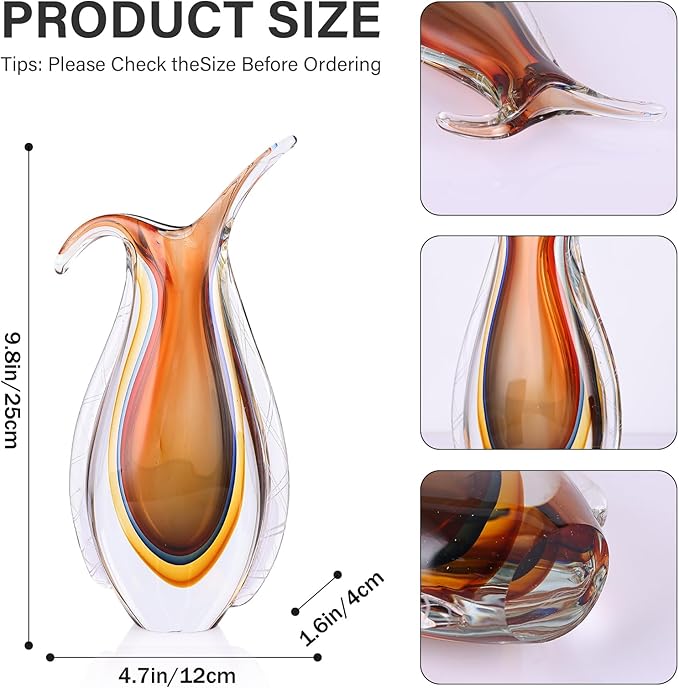 Amber Hand Blown Glass Vase – Oval Decorative Art Glass for Centerpieces, Murano Inspired Decor for Dining Room, Entryway Table, or Shelf, Handmade Glass Vase for Home Display (Red Yellow)