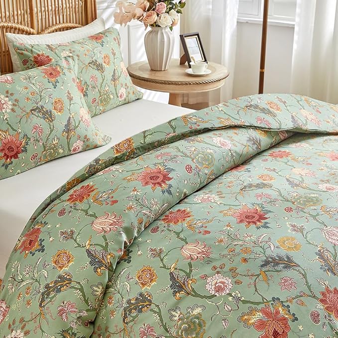 Vintage Floral Comforter Set King Farmhouse Boho Bedding Comforter Botanical Flowers Vines Pattern on Green Floral Bedding Comforter Fluffy Aesthetic King Comforter with 2 Pillowcases for All Seasons