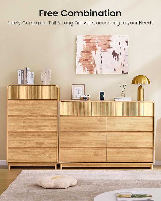 AOGLLATI Mid Century Modern 5 Drawer Dresser for Bedroom, 45" Tall Wood Fluted Dressers & Chests of Drawers with Curved Profile Design for Bedroom, Wood