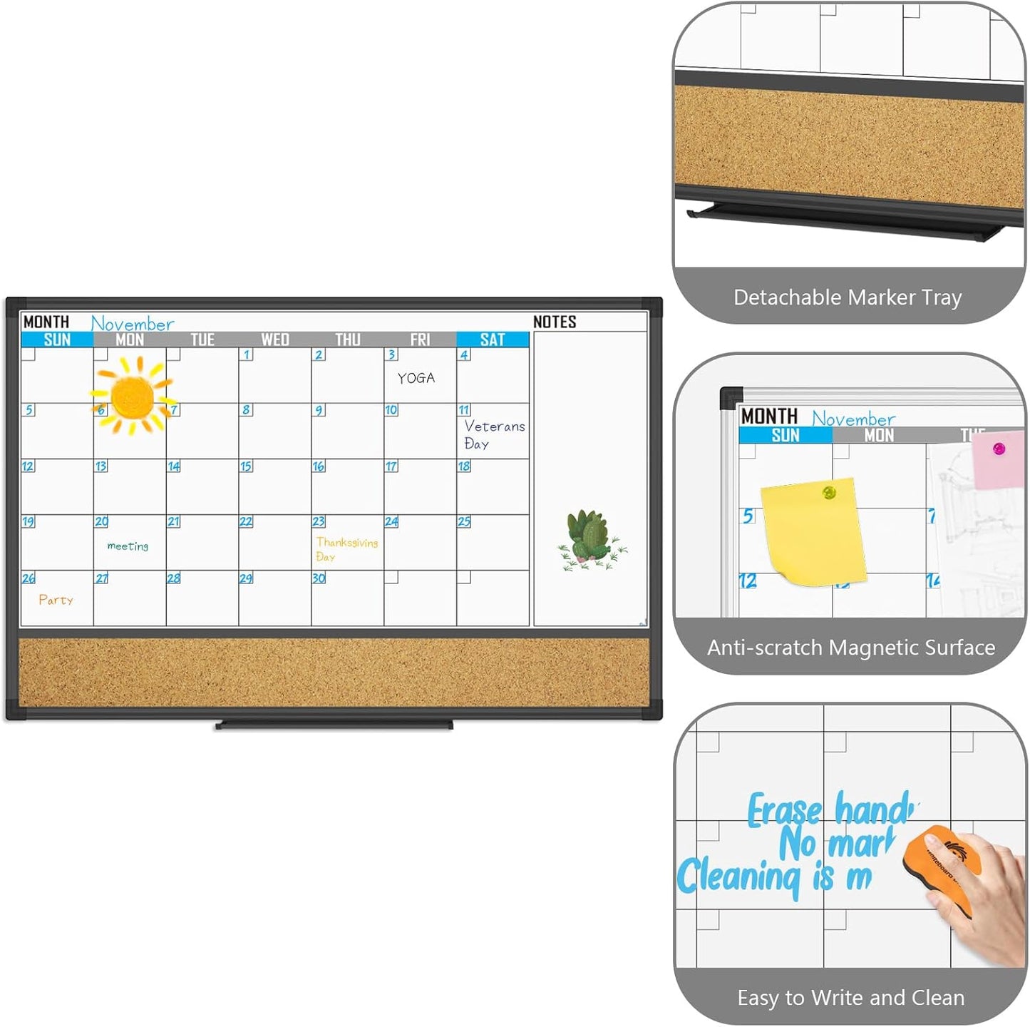 XBoard Dry Erase Calendar | 36" x 24" Magnetic Whiteboard & Corkboard Combo with Push Pins & Marker Tray