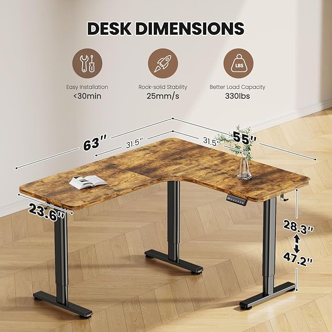 Flycity Electric L Shaped Standing Desk Adjustable Height, 63" x 55" Corner Stand Up Table, Home Office Desk, Dual Motor Sit Stand Desk, Computer Desk with 3 Memory Preset & Lock, Rustic Brown
