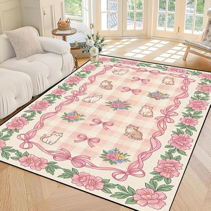 5'x7' Cat Floral Area Rug Pink Bow Flower Carpet Washable Rug Cute Cartoon Boho Floor Mat for Bedroom Living Room Nursery Playroom Classroom Home Decor