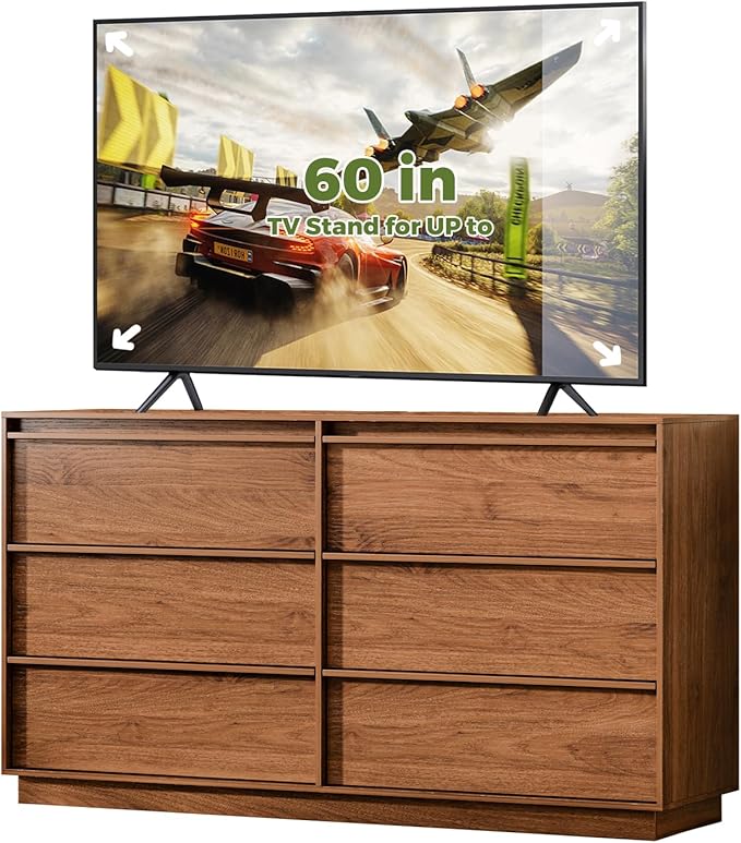 55.12" Modern Chest of Drawer, 6 Deep Drawers,Clothes Organizer,Large Storage Cabinet for Living Room, Bedroom,Dresser TV Stand, Wood Drawer Organizer for Living Room, Hallway, Umber