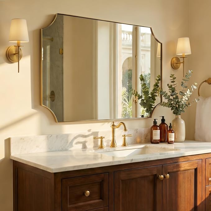 ANDY STAR 30x48 Inch Brushed Gold Mirror, Unique Rectangle Mirror for Bathroom, Large Scalloped Bathroom Mirror with Rust-Proof Stainless Steel 1" Frame, Hangs Vertically or Horizontally
