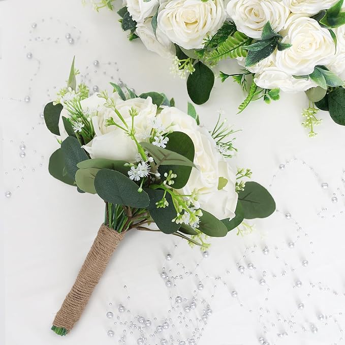 White Bridesmaid Bouquets for Wedding - 7 Inch Ivory Artificial Flowers Bouquets for Ceremony Anniversary Centerpieces Decorations