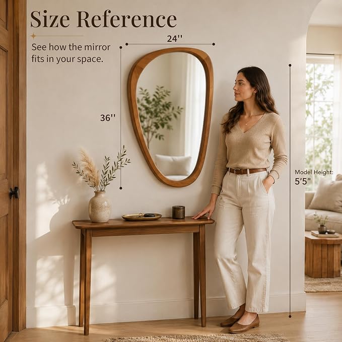 Solid Wood 36"x24" Modern Organic Asymmetrical Mirror, Warm Walnut Irregular Wooden Wall-Mounted Mirror, Sculptural Spa-Like Bathroom Vanity Mirror, Honey Walnut