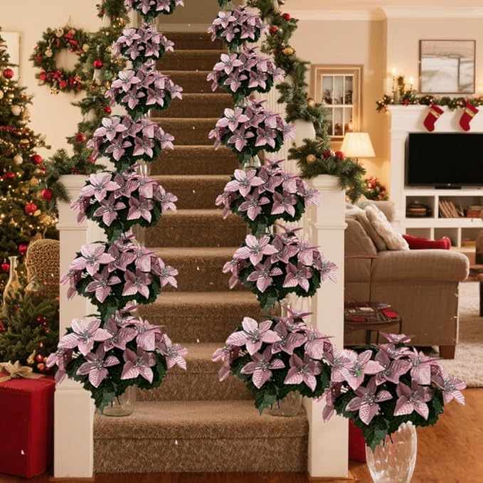 8 Pack 5 Heads Christmas Artificial Poinsettia Flowers Faux Poinsettia Bush Bouquets Silk Poinsettia Christmas Tree Ornaments Poinsettia Flower Arrangement for Home Decor