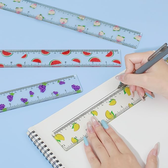BAYTORY 4Pcs Transparent Acrylic Ruler 12 Inch, Clear Plastic Straight Rulers, Shatterproof Student Stationery Centimeters with Inches, for Classroom Essentials School Supplies (Fruit)