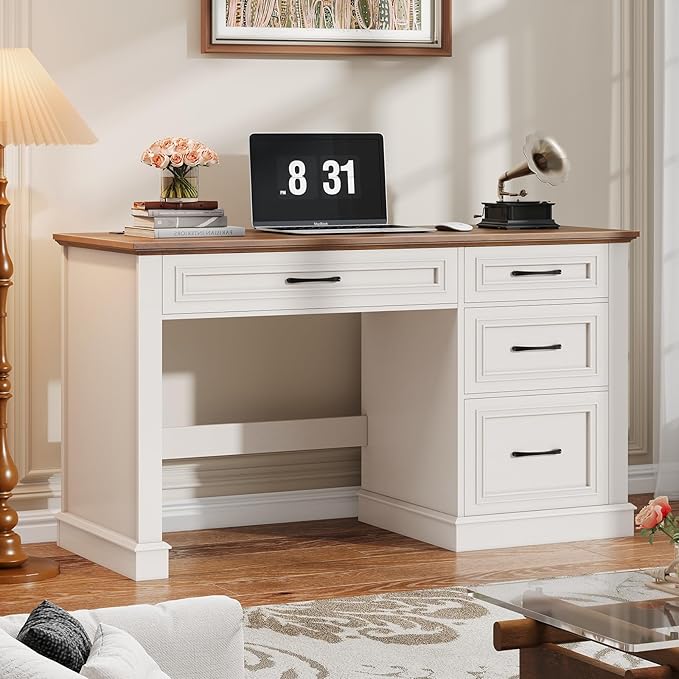 Farmhouse 47" Executive Desk, Computer Desk with Drawers and File Drawer, Workstation Computer Desk with Charging Station for Home Office,Study (Unique White)