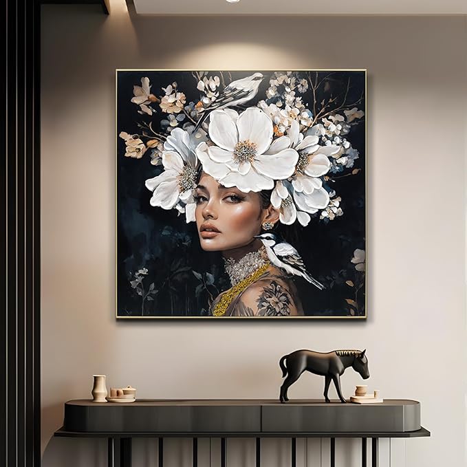 YPGEAME Vintage Wall Art, 3D Oil Texture Paintings Wall Decor, Floral Woman Wall Art, Room Aesthetics Decorative Modern Floral Art Women for Living Room, Bedroom, Office, 40x40 in