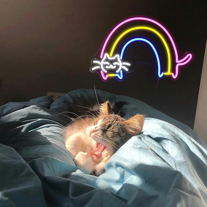 Rainbow Cat Neon Sign Cute Cat Led Light Up Sign Powered by USB Dimmable Colorful Rainbow Neon Light for Bedroom Kids Room Cat Cafe Bar Man Cave Wall Decor