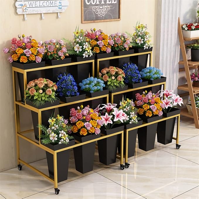Flower Display Stand with 12pcs Bucket,Heavy Duty Plant Stand with Wheels,33in Tall Flower Cart 3 Tier Flower Shelf for Florist Garden Patio (Gold Shelf Black Bucket)