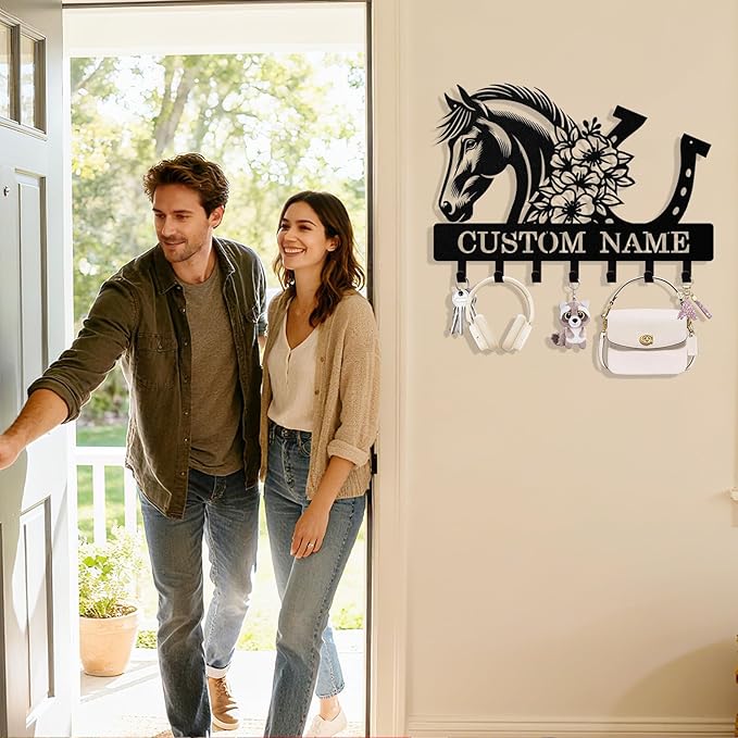 Syneiro Personalized Horse Key Holder Wall Mount, Custom Metal Keys Holder for Wall with Name, Wall Home Key Hanger Rack with Hooks for Entryway, Front Door, Living Room, Kitchen, Bathroom, Garden