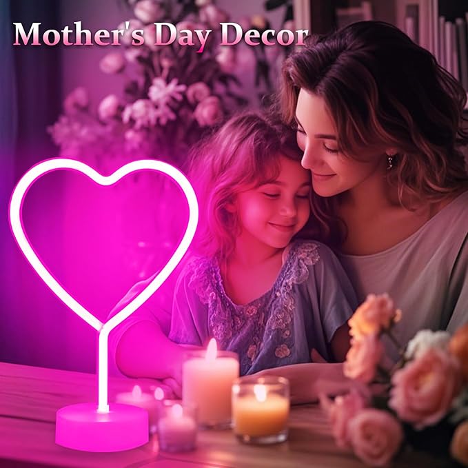 BHCLIGHT Pink Heart Neon Sign, 2 Pack Mother's Day LED Neon Light Battery Operated or USB Powered Valentines Lights, Table Decorations Lights for Room Dorm Wedding Anniversary Bedroom Classroom Decor