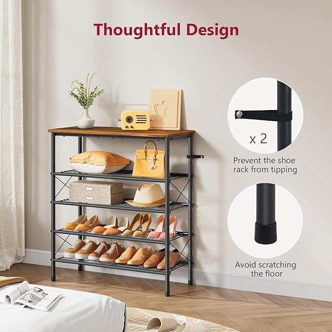 Tajsoon 5 Tier Shoe Rack Organizer for 16-20 Pairs of Shoes, Metal Mesh Shoe Shelf for Closet, Industrial Shoe Rack for Entryway Shoe Storage with X Shape Fixed Frame, Rustic Brown & Black