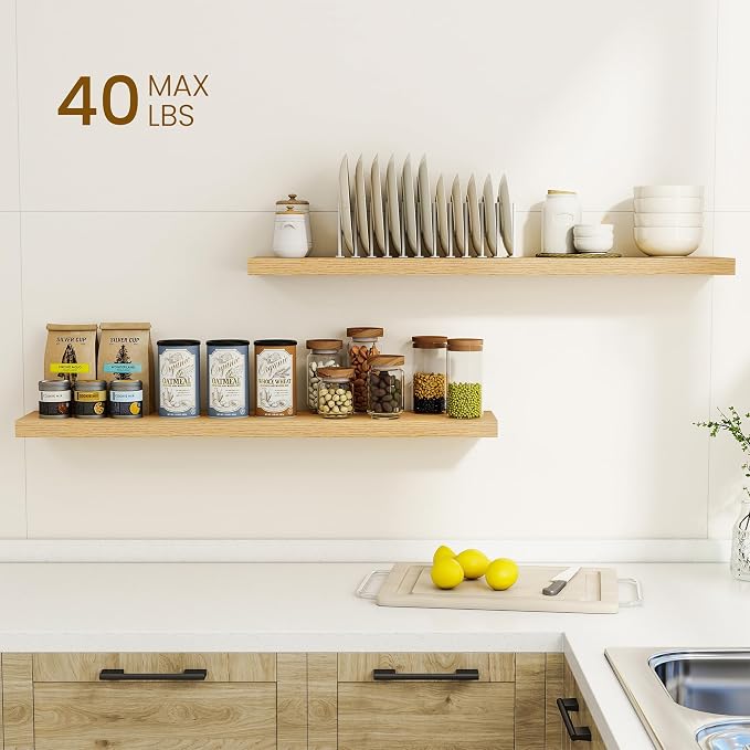Dreamland 40Inch Floating Shelves for Wall, Rustic Wooden Storage Shelf for Living Room, Kitchen, Farmhouse, Wall Mounted Display Shelving with Invisible Heavy-Duty Metal Bracket, Set of 2 - Oak