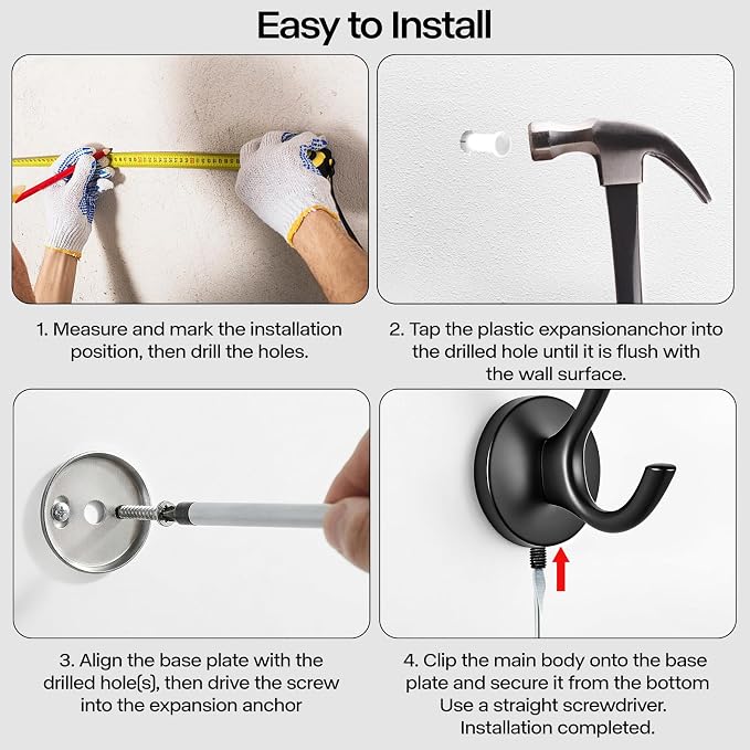 Towel Hooks-Coat Robe Hooks-Heavy Duty Metal Double Bathrobe Hook-Black Towel Hooks for Bathrooms-Kitchen Closet Garage（4Pcs Black）