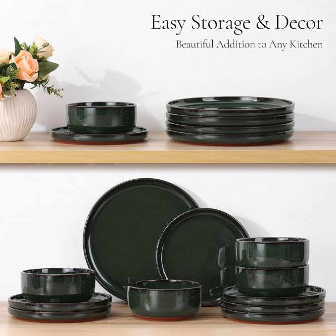 E-far Stoneware Dinnerware Sets for 2, 6 Pieces Reactive Glaze Plates and Bowls Sets, Elegant Dishes with Rustic Terracotta Base, Dishwasher & Microwave Safe, Scratch Resistant, Blackish Green