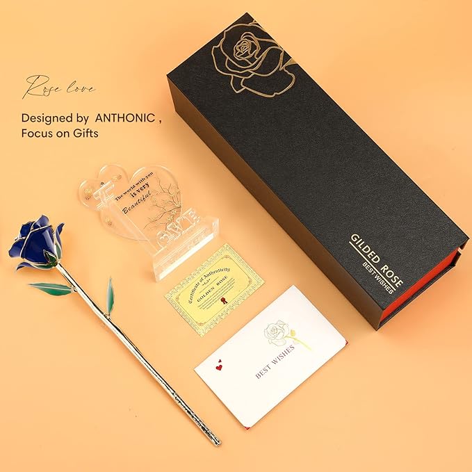 Gold Dipped Infinity Rose Last Forever Flower Decor, Birthday Gift for Women in Her Birthday Mothers Day, Resin Preserved Rose | Anniversary Present for Mom (Blue)