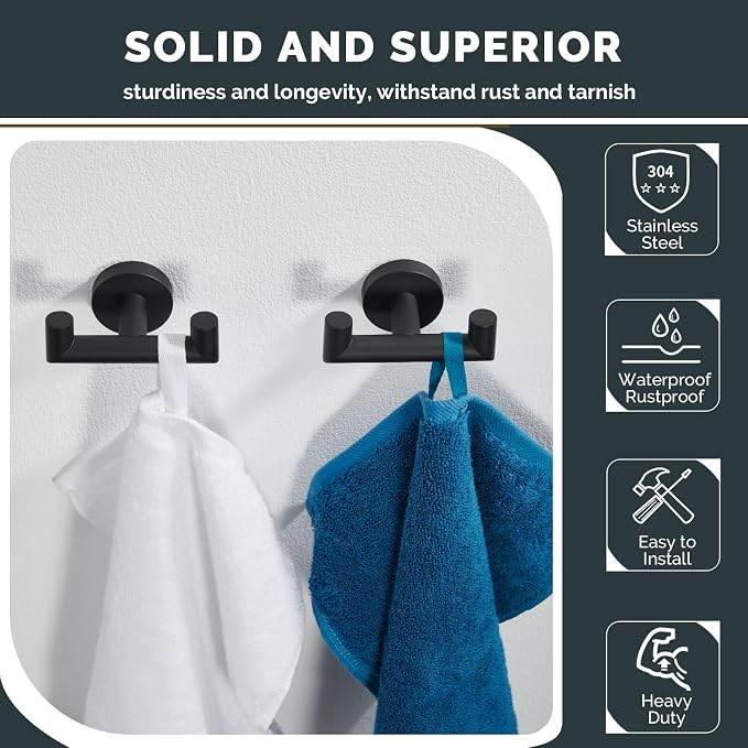 Angle Simple Double Towel Hook Matte Black 2 PCS, SUS304 Stainless Steel Bathroom Robe Hook, Hand Towel Holder for Wall