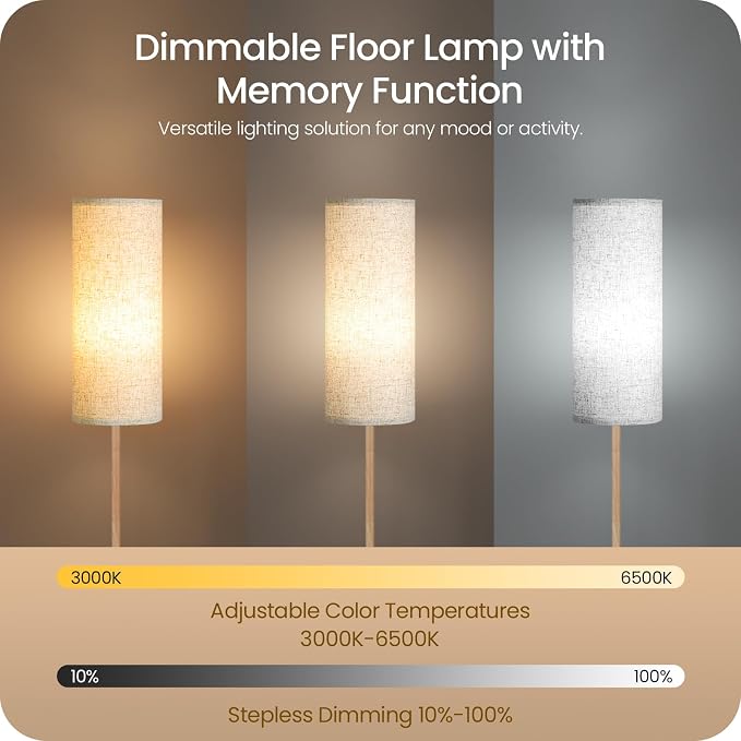 2 Pack Wooden Textured Pole Lamps, Dimmable Floor Lamp for Living Room with Remote and Foot Switch, 64.4” Standing Tall Lamp, Corner Light for Bedroom, Bulb Included, 3000K-6500K, XE06LDP205W1