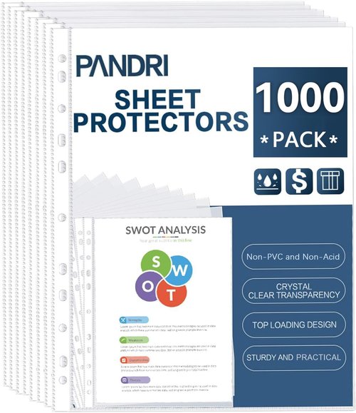 PANDRI Heavy Duty Clear Sheet Protectors - 1000 Pack for 8.5 x 11 Paper | Reinforced 11-Hole Design