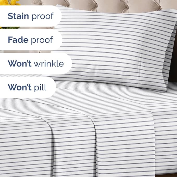 Blue and White Striped Sheets - 1 Flat & 1 Fitted Sheet & 1 Pillowcase w/ Deep Pockets - Cozy, Wrinkle & Fade Resistant - Ultra-Soft, Breathable & Cooling - Luxury Pinstripe Bedding - Twin Size