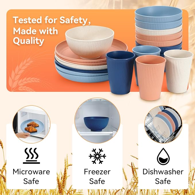 Wheat Straw Dinnerware Sets,64-Piece Plates and Bowls Sets for 8-Unbreakable,Reusable Plastic Dish Set-Dinner Plate/Dessert Plate/Cereal Bowl/Cup/Utensils-Microwave Dishwasher Safe 64P-Profound Gray