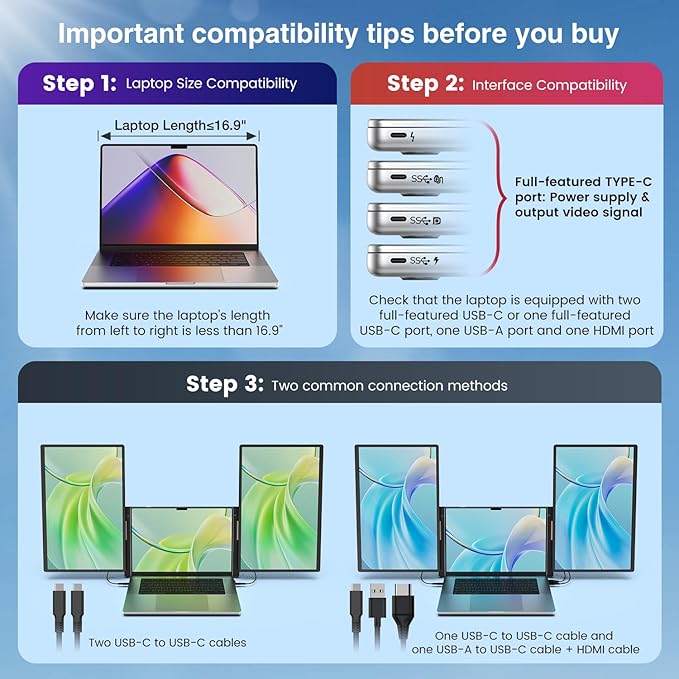 FLYTOCCA 16" Laptop Screen Extender, Updated 1200P FHD Portable Monitor with 16:10 Aspect Ratio Screen, Rotation Detachable Screen, Laptop Monitor Extender Compatible with Windows, Mac, Chrome