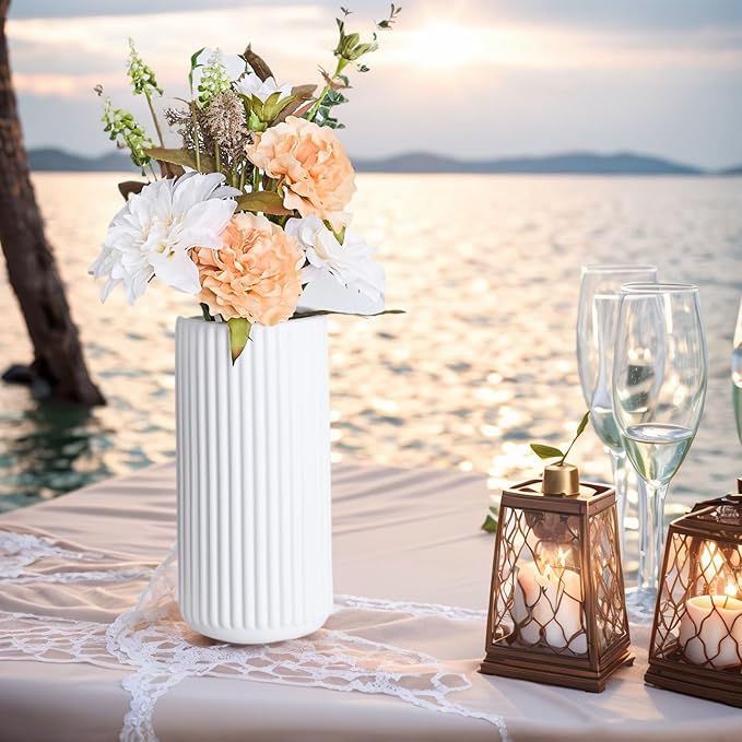 Ekirlin White Ceramic Flower Vase - 8 inch Small Vase for Home Decor, Pampas Grass Decorative Centerpiece Ribbed Vase for Dining Table, Office, Desktop, Mantel, Entryway, Farmhouse, Best Gift