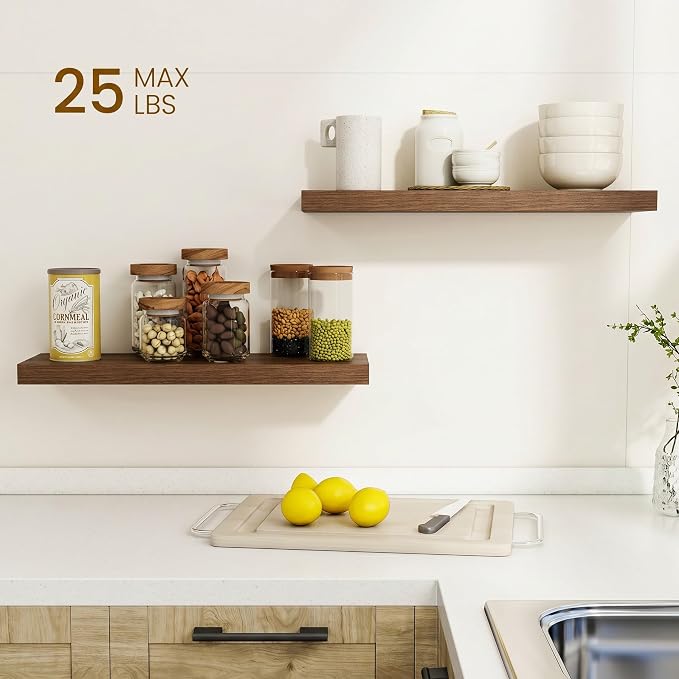 Dreamland 24Inch Floating Shelves for Wall, Rustic Wooden Black Floating Shelves for Bathroom|Bedroom|Kitchen, Deep Wall Mounted Book Shelf, Wood Storage Display Shelf for Home Decor, Set of 2