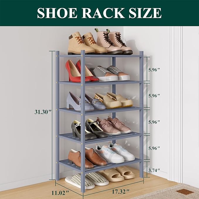 Smiry Small Bamboo Shoe Rack 5-Tier, Stackable Wooden Shoe Organizer for Entryway & Closet, Free Standing Wood Shoe Storage Shelf for Front Door & Small Spaces, Grey