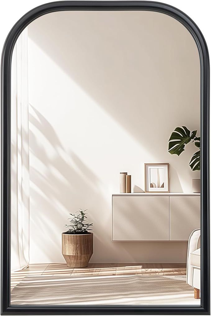 20"x30" Arch Wall Mirror Bathroom Mirror for Wall Mounted, Tempered Glass, Wood Grain Finish Frame Wall Mirror Decorative for Living Room Bedroom Entryway, Black