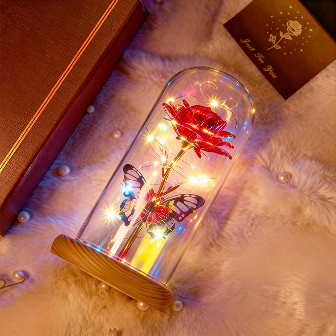 Beferr Christmas Birthday Gifts for Women, Mom Gifts for Christmas Galaxy Glass Rose Forever Preserved Flowers for Delivery Prime Rose in Glass Dome Xmas Gifts for Grandma Wife Sister Her, Red