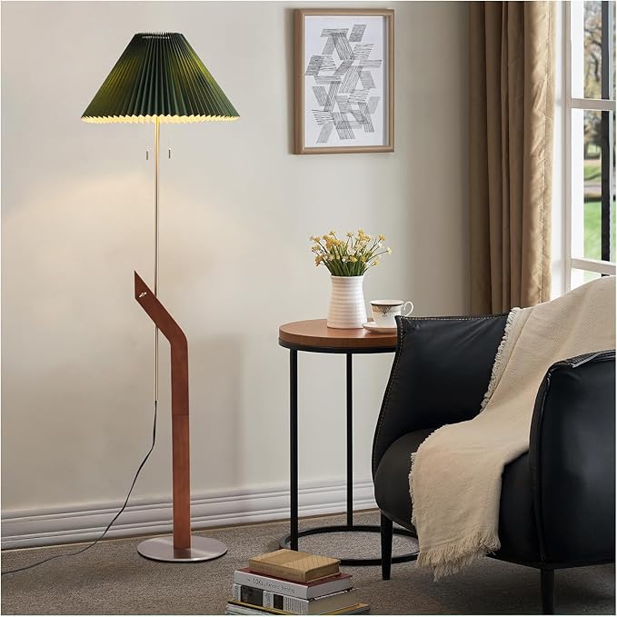 Mid Century Modern Wood Floor Lamp, Green Pleated Lampshade | Height Adjustable, Living Room, Study Room, Bedroom, Office,Sand Nickel,Tall Standing Dual Lamp Heads