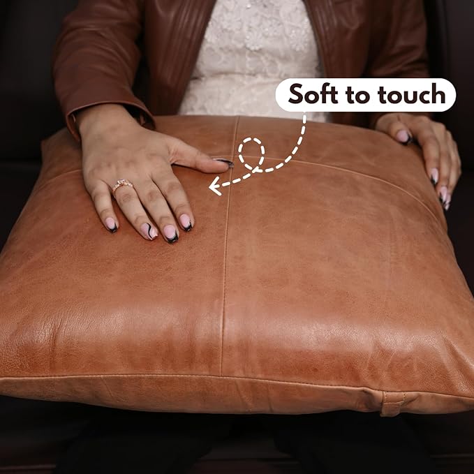 D DOLLY LAMB Lambskin Leather Pillow Cover - Sofa Cushion Case - Decorative Throw Covers for Living Room & Bedroom, 20x20 Inches - Antique Brown Plain