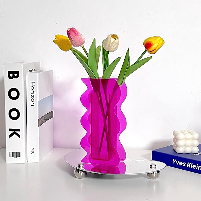 Hot Pink Acrylic Vase, 8-Inch Wave Shaped, Modern Centerpiece, Home Office Decor