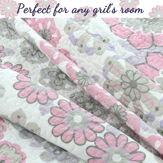 Cozy Line Home Fashions Whimsical Purple Lavender Pink Floral 100% Cotton Girls Reversible Quilt Bedding Set, Bedspread, Coverlet (Lilac Bloom, Twin - 2 Piece)